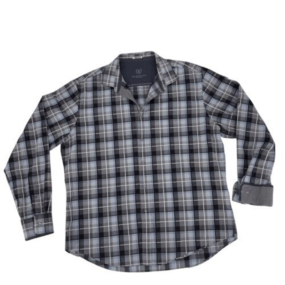 Bugatchi Uomo Gray Black‎ Plaid Shaped Fit Button Down Shirt XL